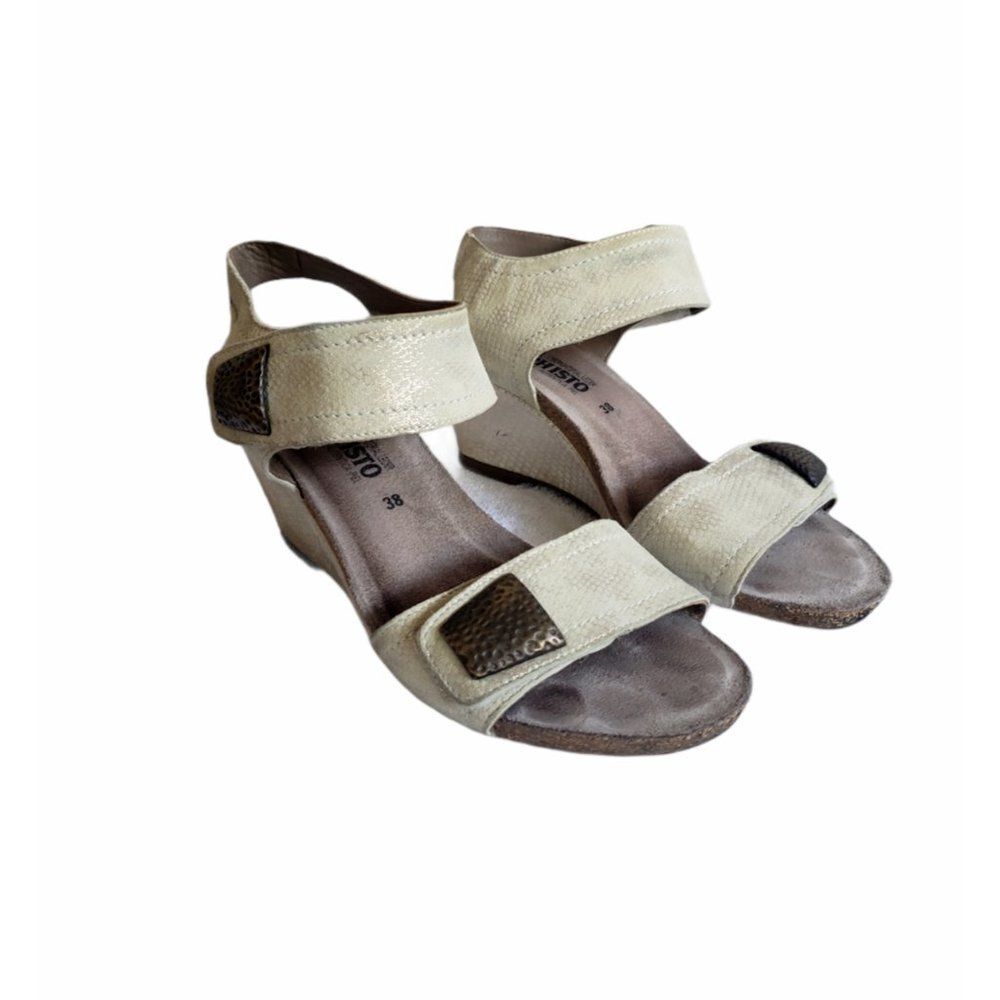Mephisto Jackie Wedge Heel Sandals‎ 38 Light Sand Snakeprint Leather Ankle Strap